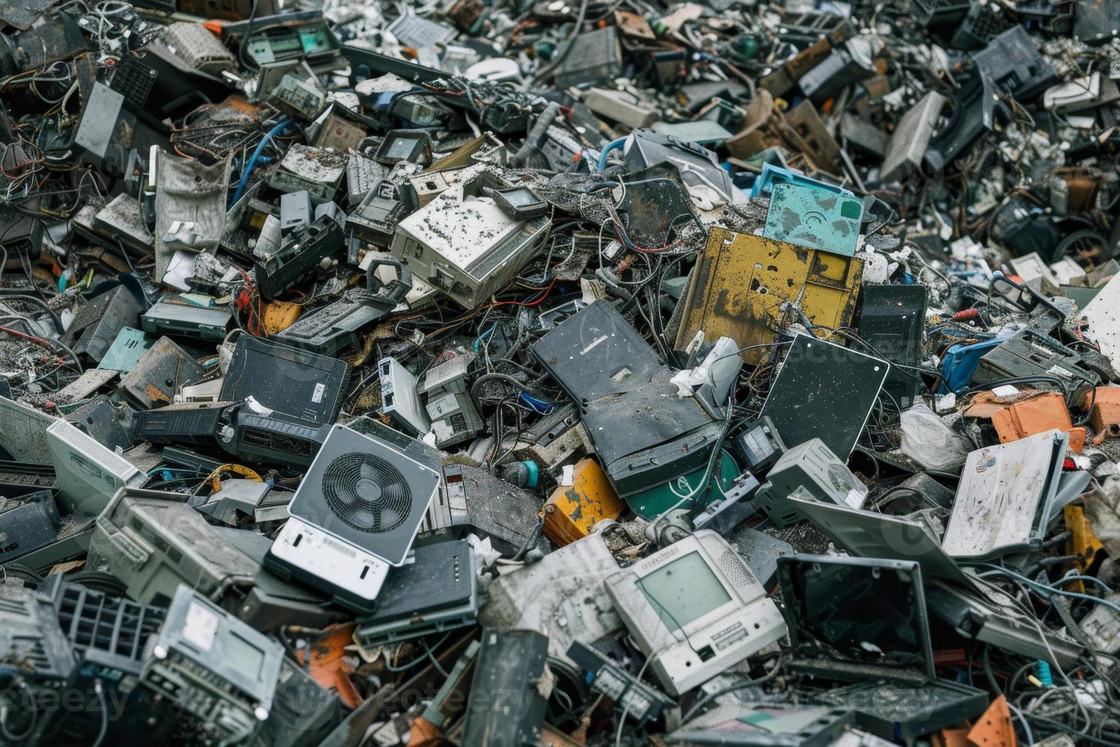 masses-of-old-electronic-devices-are-stacked-at-a-recycling-plant-illustrating-the-significant-waste-generated-from-technological-advancements-and-consumer-habits-photo