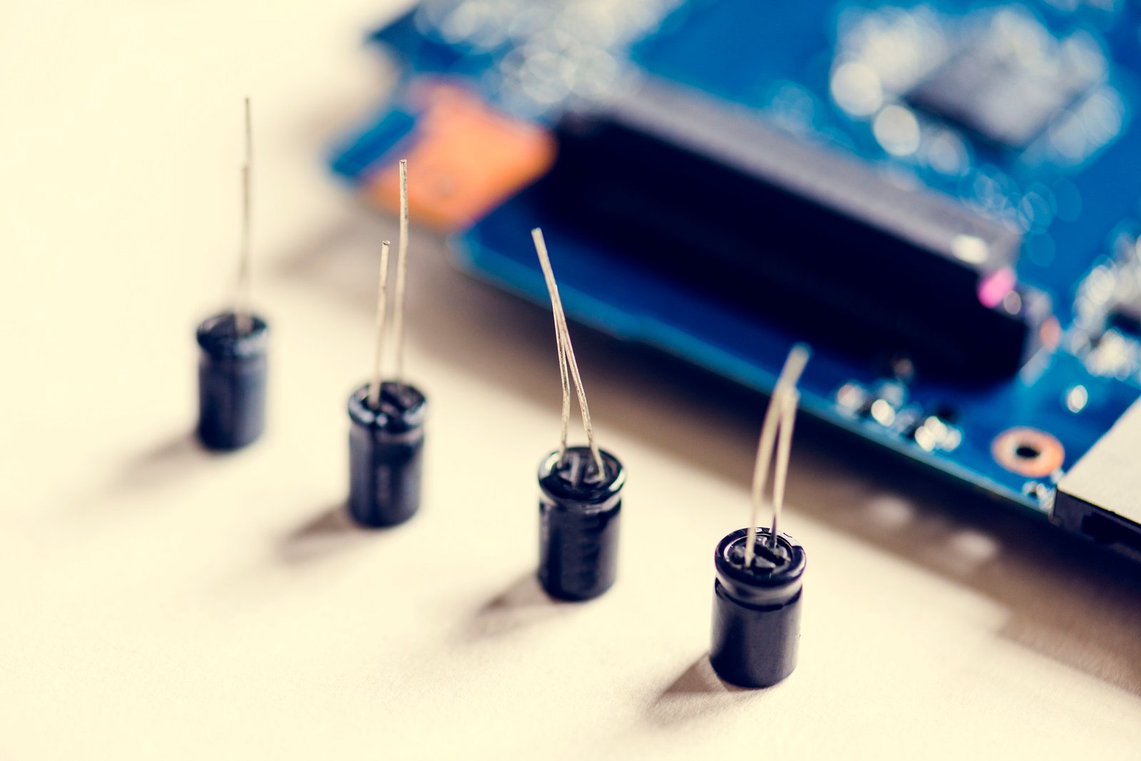 Closeup of capacitors electronics part isolated on white